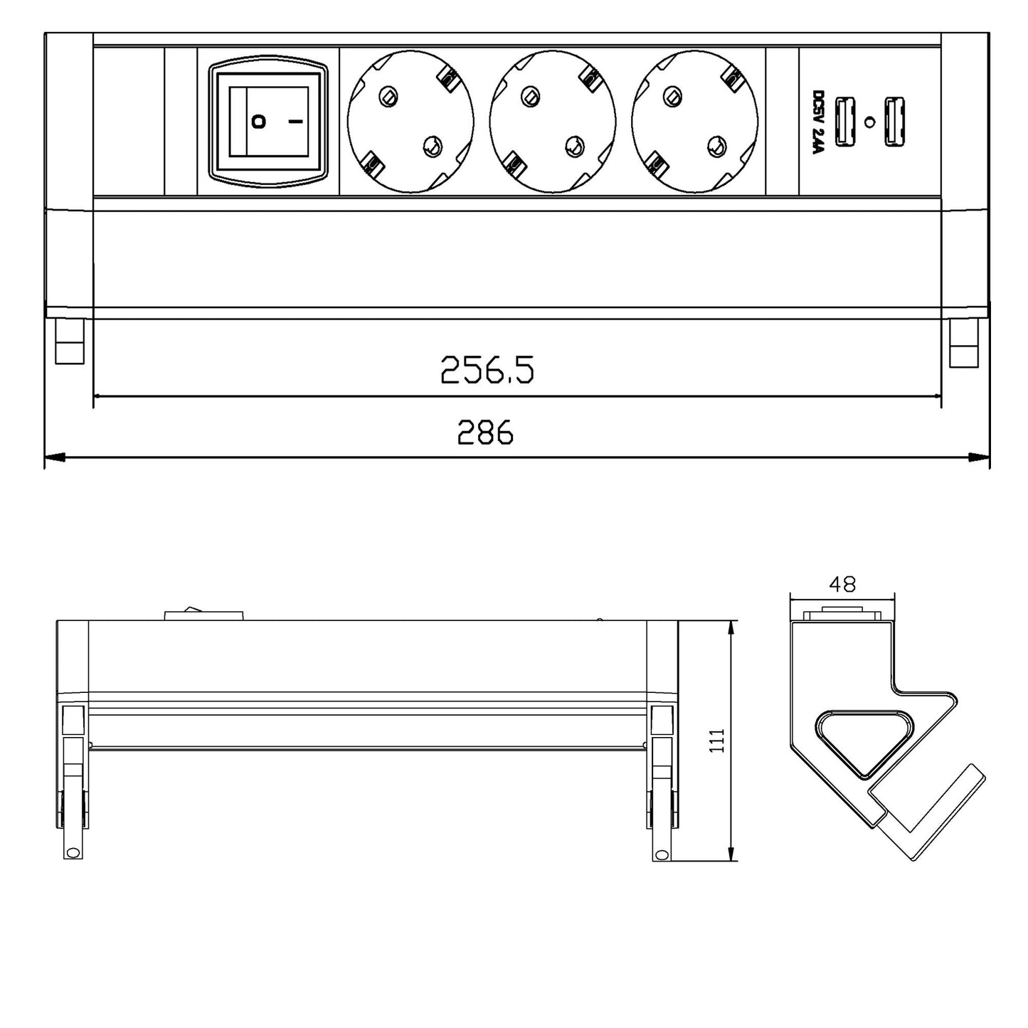Tisch-Steckdose 3-fach 2x USB Schalter Mehrfachsteckdose Büro 2m Kabel