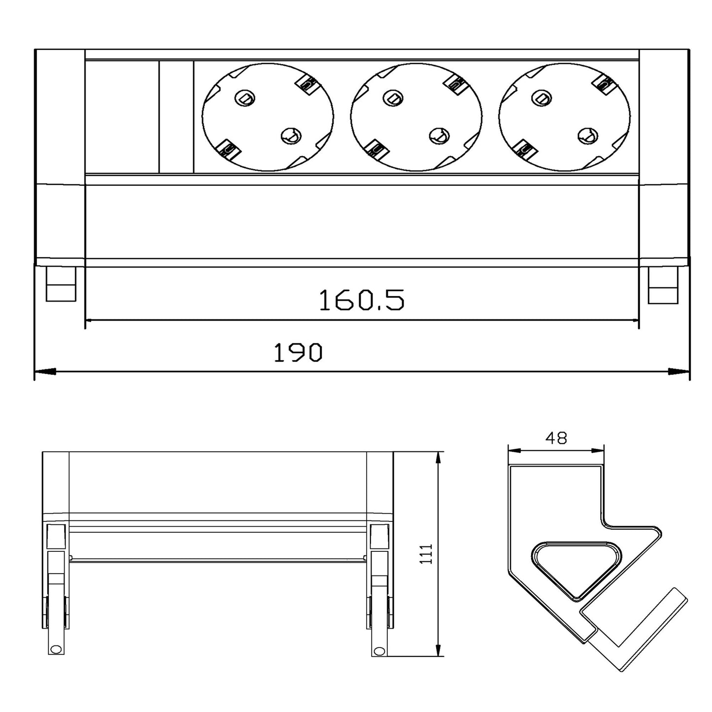 Möbel-Steckdose 3-fach Mehrfachsteckdose Steckdosenleiste Büro 2m Kabel Tisch
