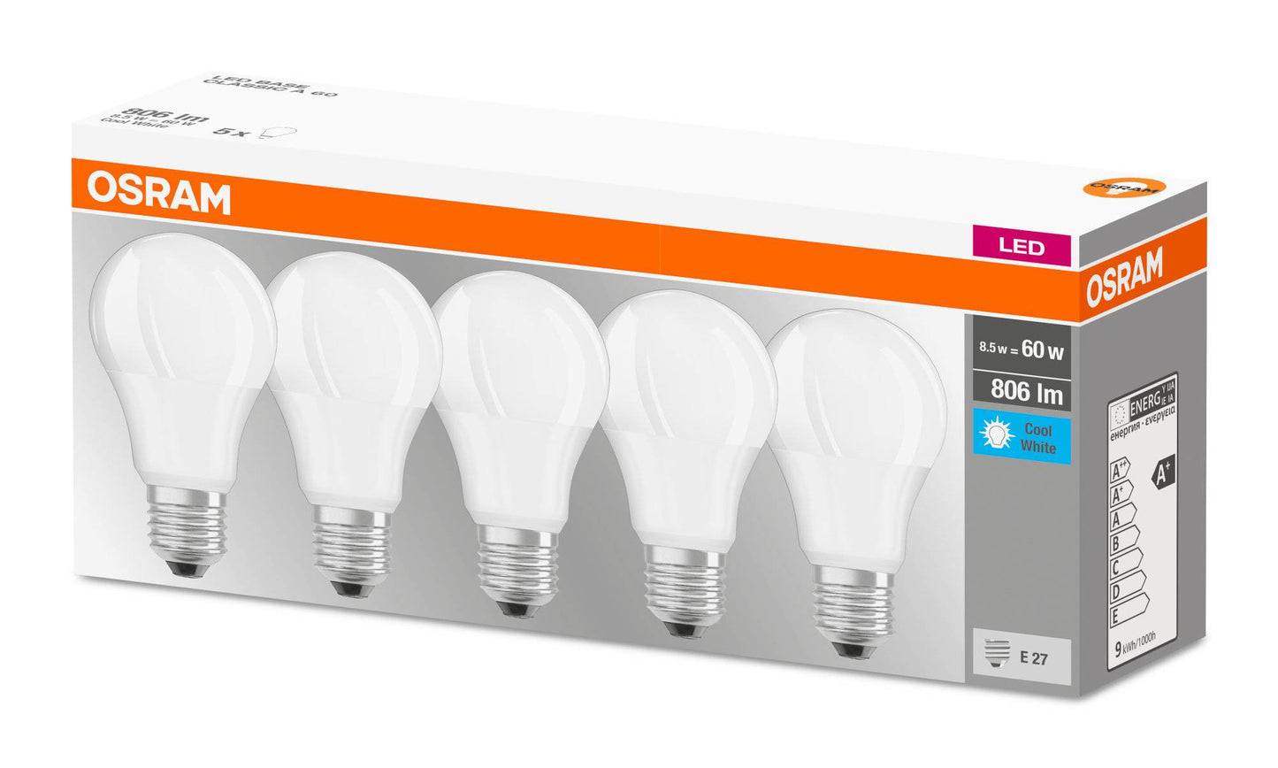 5er Pack Osram Base LED Glühbirne E27 kaltweiß matt Tropfenform Leuchtmittel