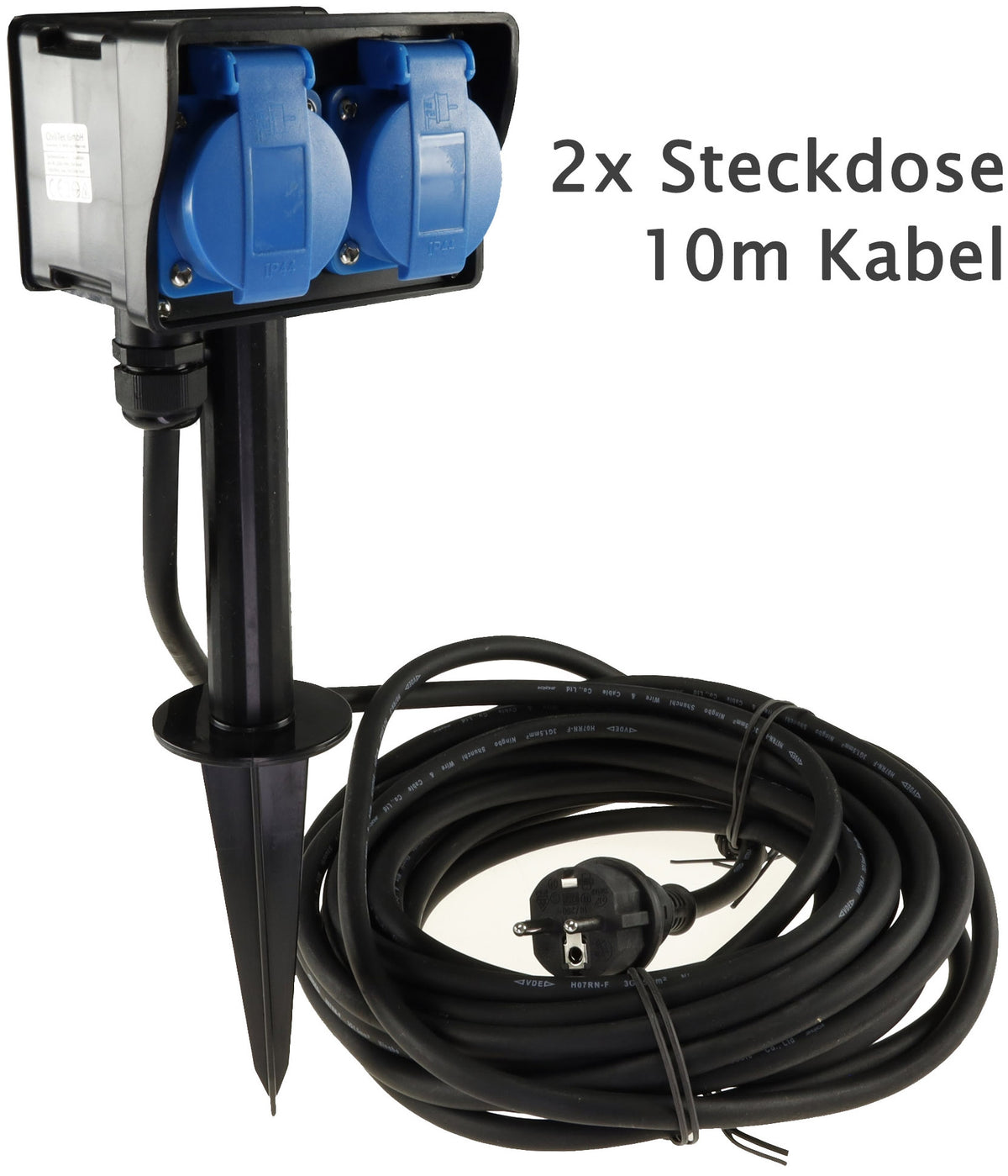 Elegante Gartensteckdose mit Erdspieß, 2-fach oder 4-fach, 2m oder 10m Kabel, IP44, 230V