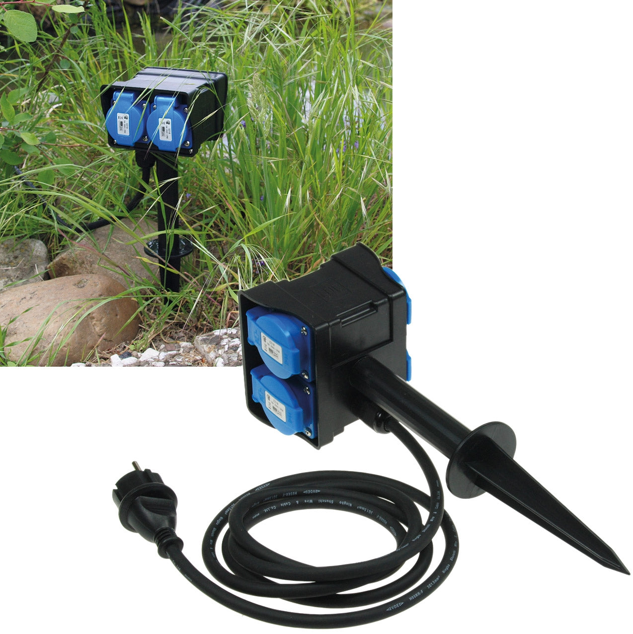 Elegante Gartensteckdose mit Erdspieß, 2-fach oder 4-fach, 2m oder 10m Kabel, IP44, 230V