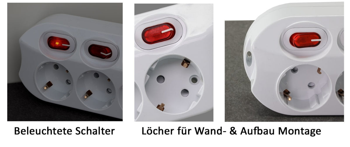 Hochwertige Steckdosenleisten mit Einstecksicherung, 3- oder 5-fach, Innenbereich, mit Ein-/Aus-Schalter