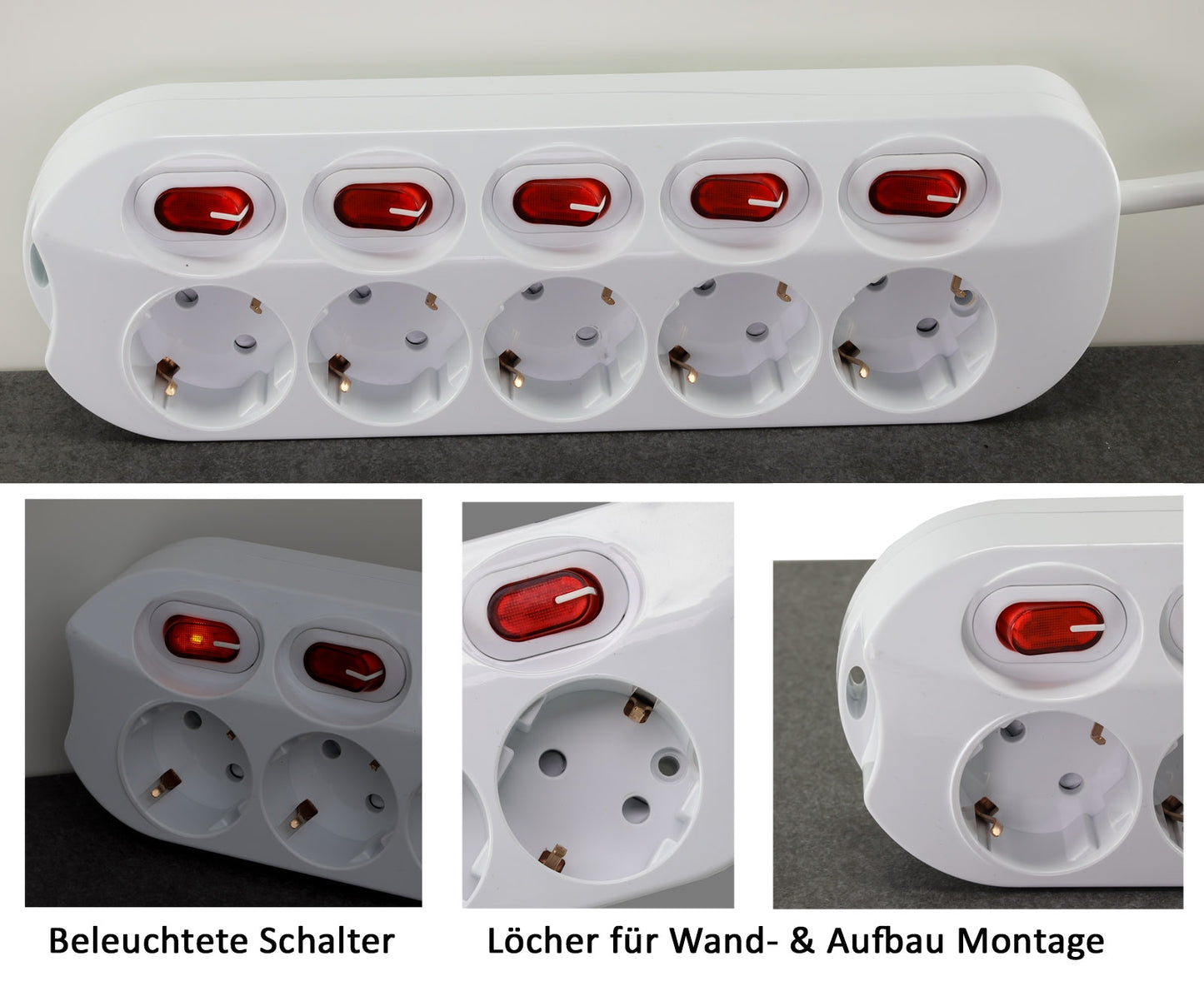 Hochwertige Steckdosenleisten mit Einstecksicherung, 3- oder 5-fach, Innenbereich, mit Ein-/Aus-Schalter