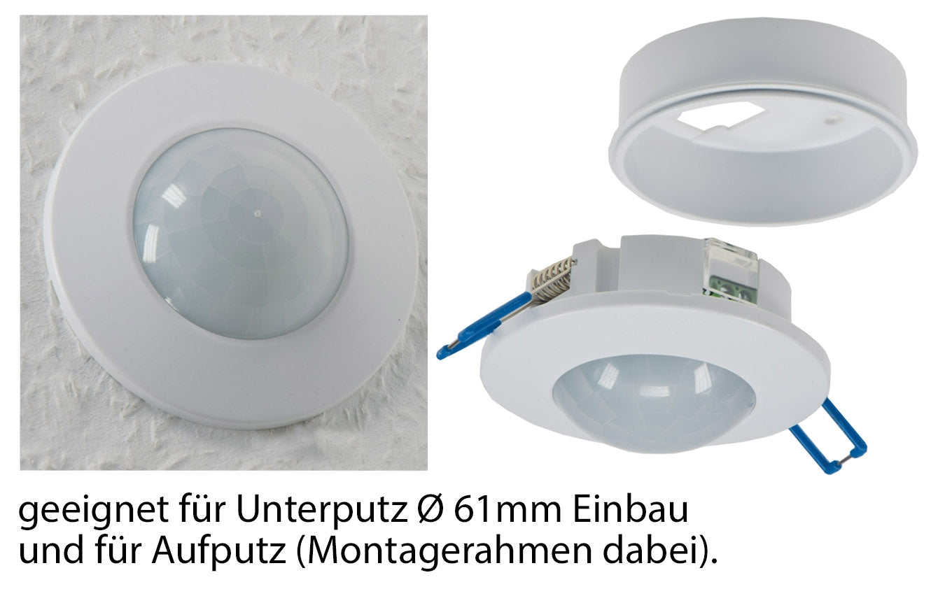 Trano 360° Decken-Einbau-Bewegungsmelder FLAT PIR, LED geeignet, 8m Reichweite, Ø80x30mm, 230V, IP20, einstellbar, inkl. Aufputz-Adapter