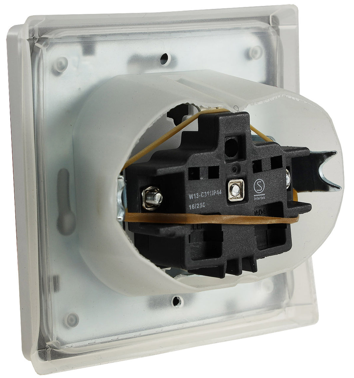 Trano Schutzkontakt-Steckdose IP44 250V~/16A inkl. Rahmen UP weiß matt & anthrazit, spritzwassergeschützt, 80x80mm