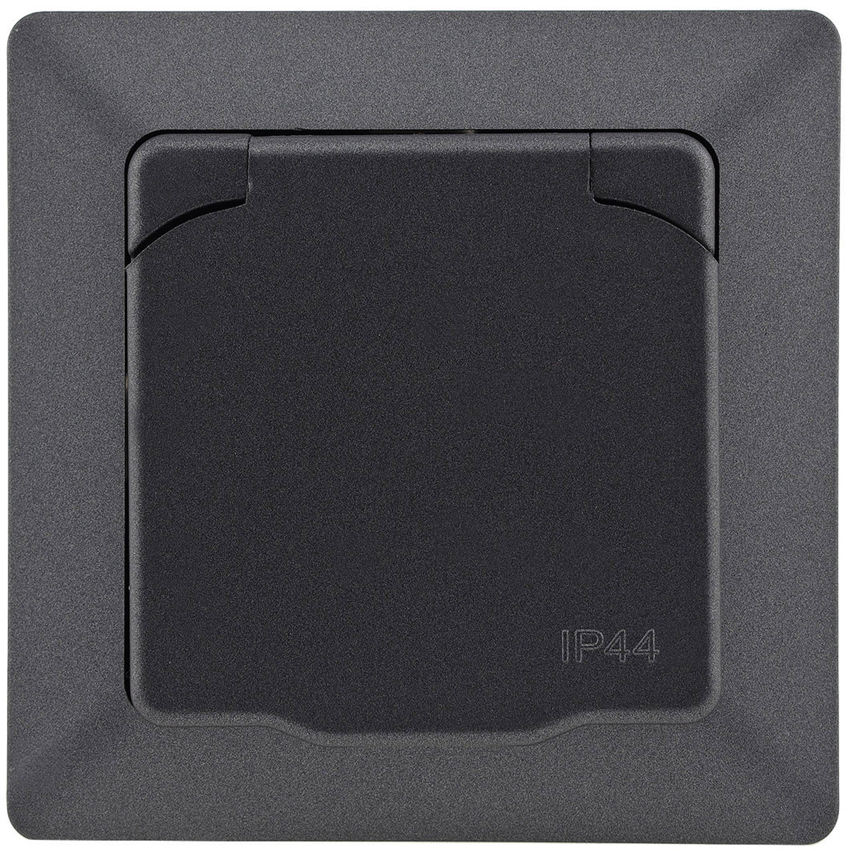 Trano Schutzkontakt-Steckdose IP44 250V~/16A inkl. Rahmen UP weiß matt & anthrazit, spritzwassergeschützt, 80x80mm