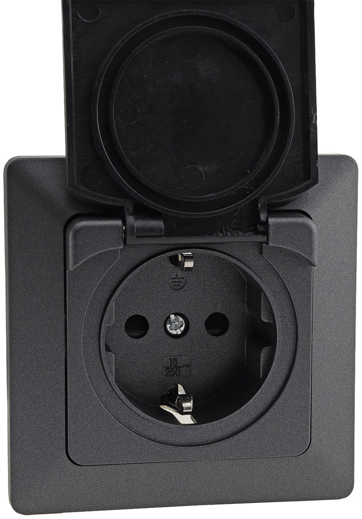 Trano Schutzkontakt-Steckdose IP44 250V~/16A inkl. Rahmen UP weiß matt & anthrazit, spritzwassergeschützt, 80x80mm