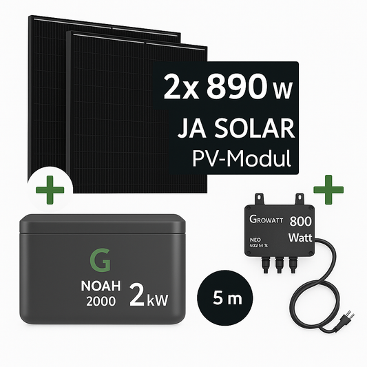 890Wp Balkonkraftwerk 2x445W JA Solar Modul 2 kWh Speicher Wechselrichter 5m Kabel