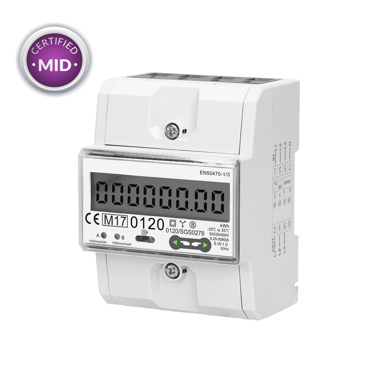 3-Phasen-Stromzähler weiß mit Display mit 1000 IMP/KWH für DIN-Schiene