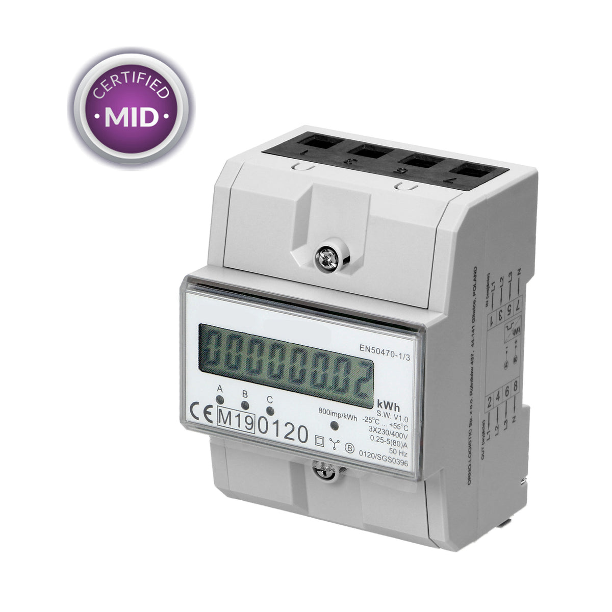 3-Phasen-Stromzähler weiß mit Display mit 800 IMP/KWH für DIN-Schiene