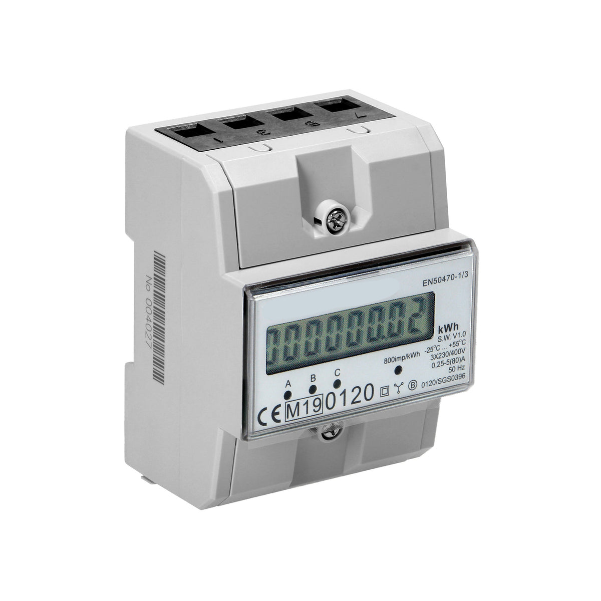 3-Phasen-Stromzähler weiß mit Display mit 800 IMP/KWH für DIN-Schiene