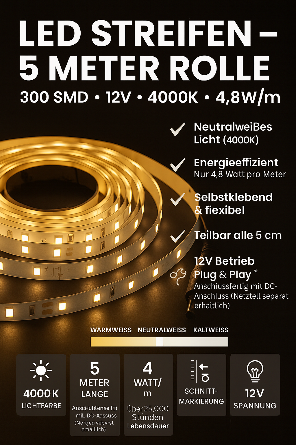 LED Streifen 300 SMD 12V 4000K 4,8W - 5 Meter Rolle