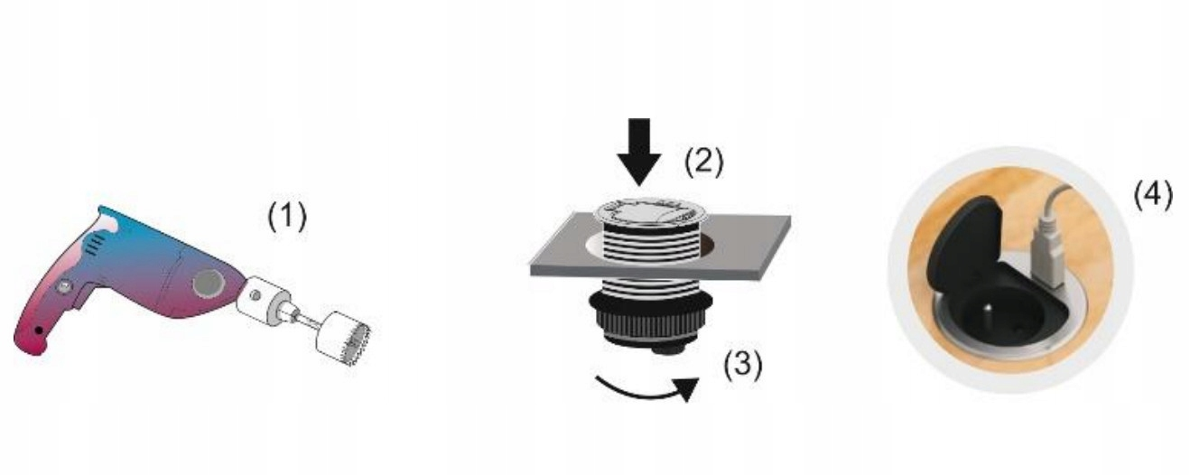 Trano Einbau Steckdose Ø6cm mit Abdeckung, 1x Schuko 3680W + USB-C PD 20W, 1,9m Kabel, Silber/Schwarz, IP20