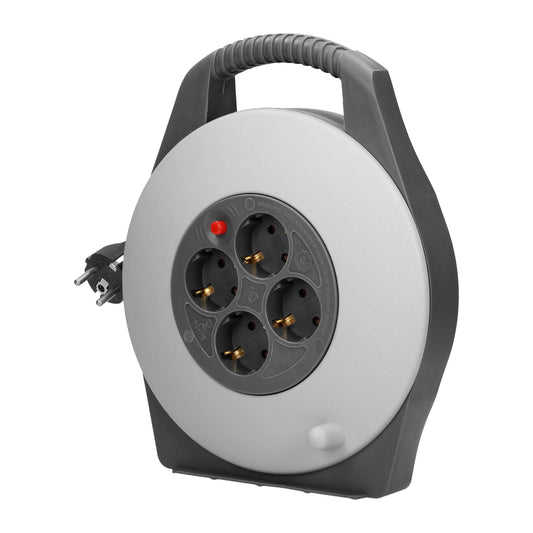 Robuste Graue Kabeltrommel, 4x 2P+E Schuko Steckdosen, 10m PVC H05VV-F Kabel