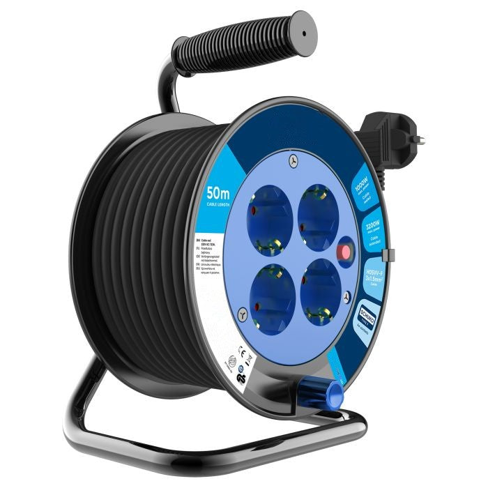 Robuste Kabeltrommel Schuko 4-fach H05VV-F 3x1.5mm² mit Überlastschutz – 15m, 30m, 50m