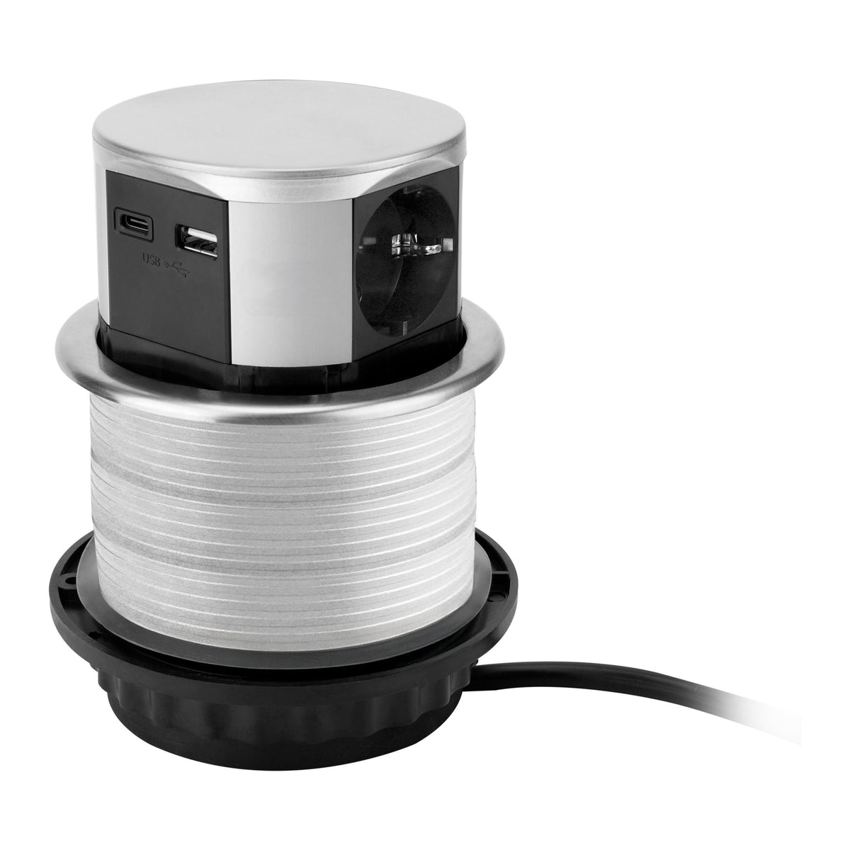 Trano Einbausteckdose Ø10cm, 3x Schuko Typ F, 2x USB A+C 3A, 1,5m Kabel, Aluminium Silber, 3680W, IP20