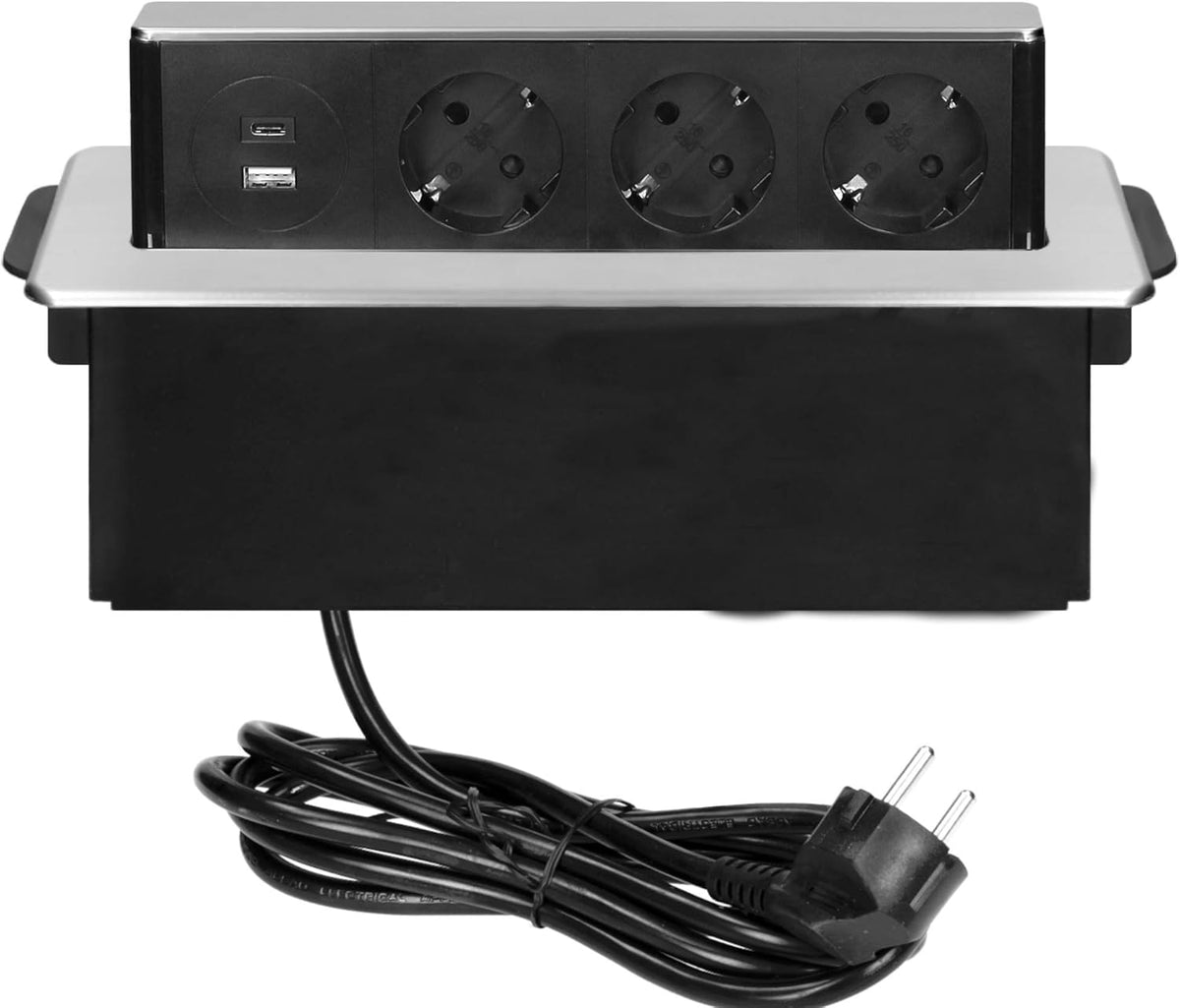 Trano Versenkbare Steckdosenleiste 3x Schuko + 2x USB (A+C, QC/PD 20W), 230V, 3680W, Edelstahl INOX, 2m Kabel, Einbau IP20