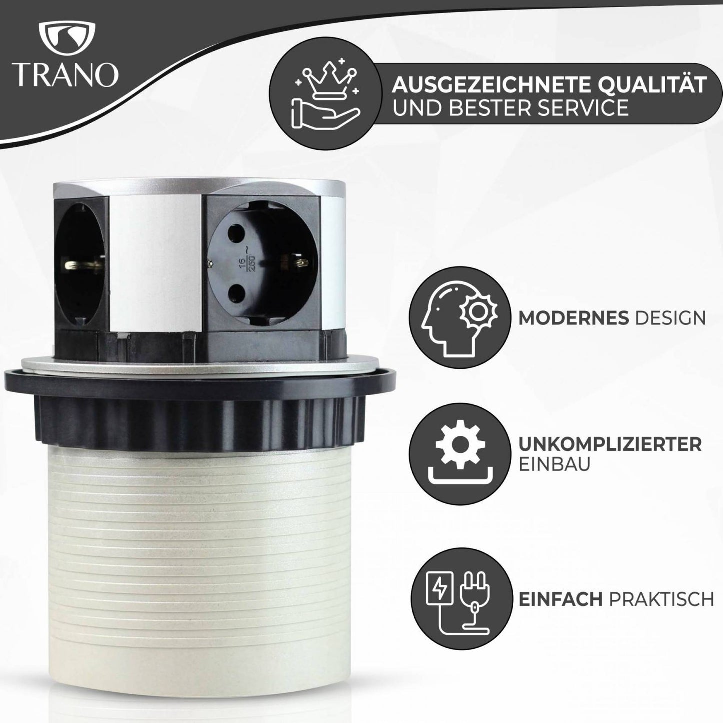 Einbausteckdose rund versenkbar 3-fach + 2x USB silbern elegant Steckdosen Küche