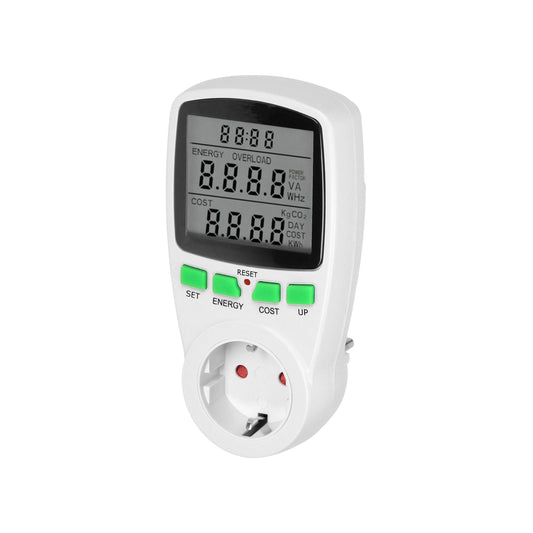 Eintarif-Leistungsmesser mit LCD-Display und eingebauter Batterie, Schuko, Weiß/Schwarz