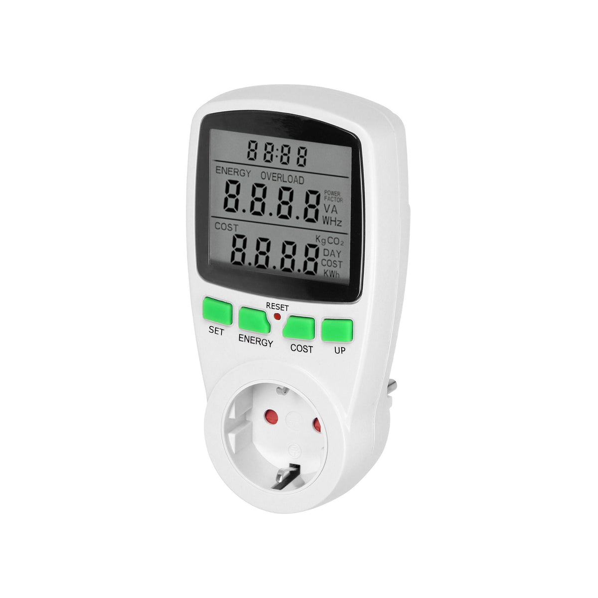 Eintarif-Leistungsmesser mit LCD-Display und eingebauter Batterie, Schuko, Weiß/Schwarz