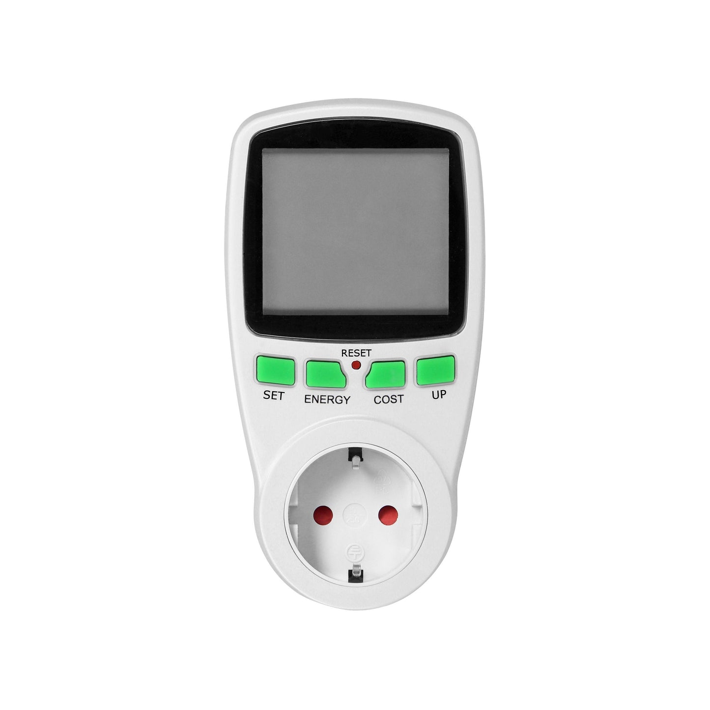 Eintarif-Leistungsmesser mit LCD-Display und eingebauter Batterie, Schuko, Weiß/Schwarz