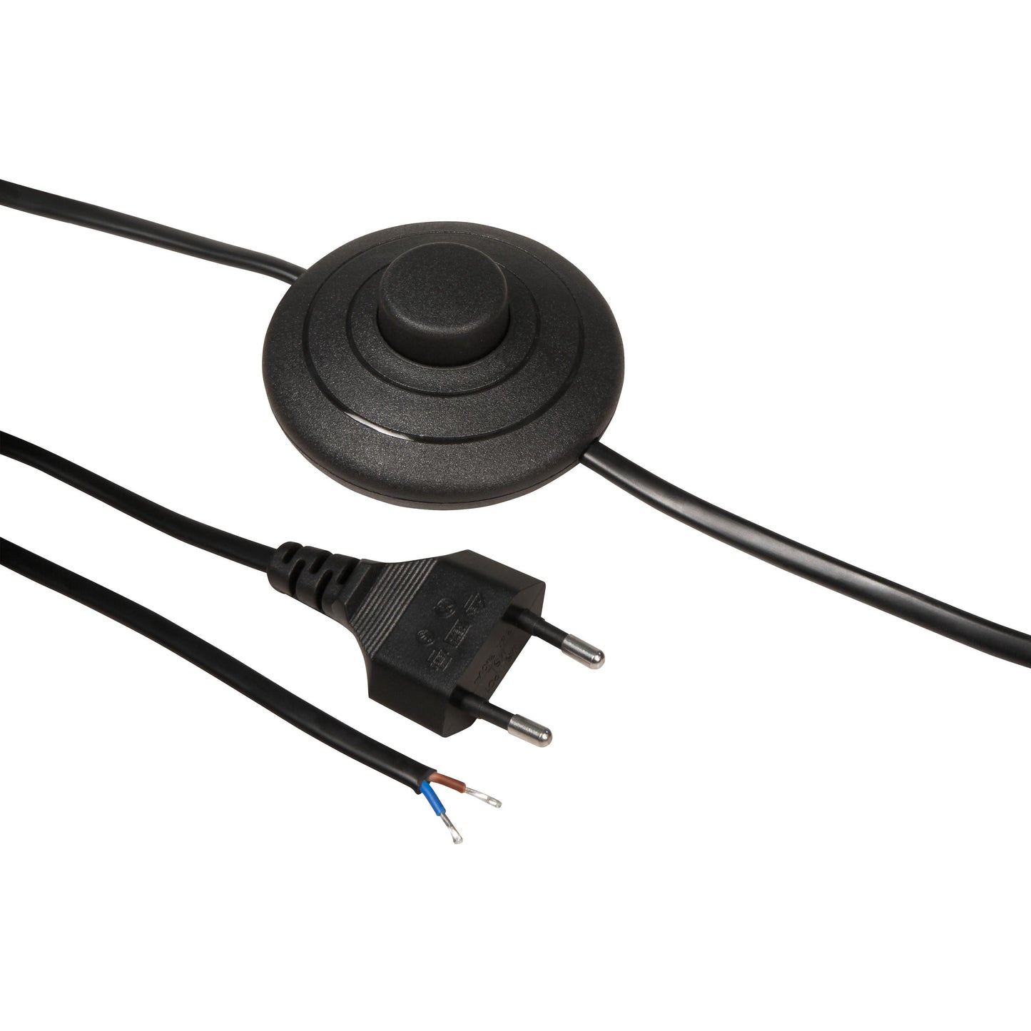 Euro-Netzkabel mit Fußschalter, 2m, Weiß/Schwarz, Blanken Enden, H03VVH2-F, 100W Max
