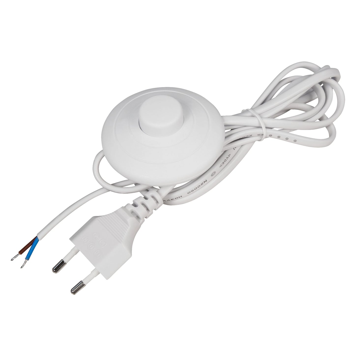Euro-Netzkabel mit Fußschalter, 2m, Weiß/Schwarz, Blanken Enden, H03VVH2-F, 100W Max