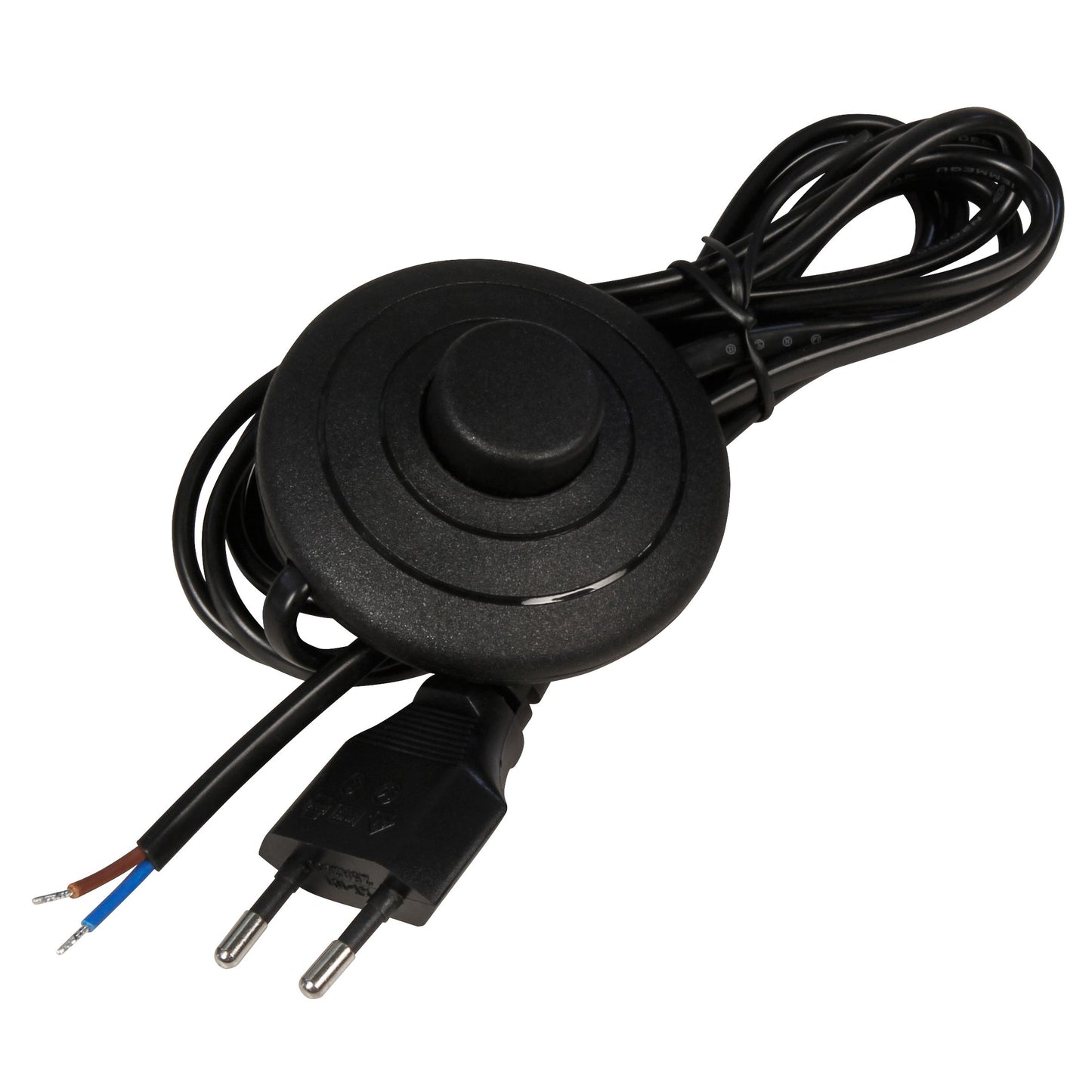 Euro-Netzkabel mit Fußschalter, 2m, Weiß/Schwarz, Blanken Enden, H03VVH2-F, 100W Max