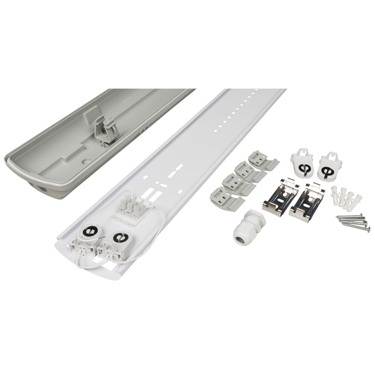 Trano Feuchtraumleuchte 150cm für 2 LED Röhren T8, IP65 Staub- & Strahlwasserschutz, Kellerlampe Werkstatt Garage Lagerhalle, robustes Kunststoffgehäuse, 230V, inkl. Montagematerial