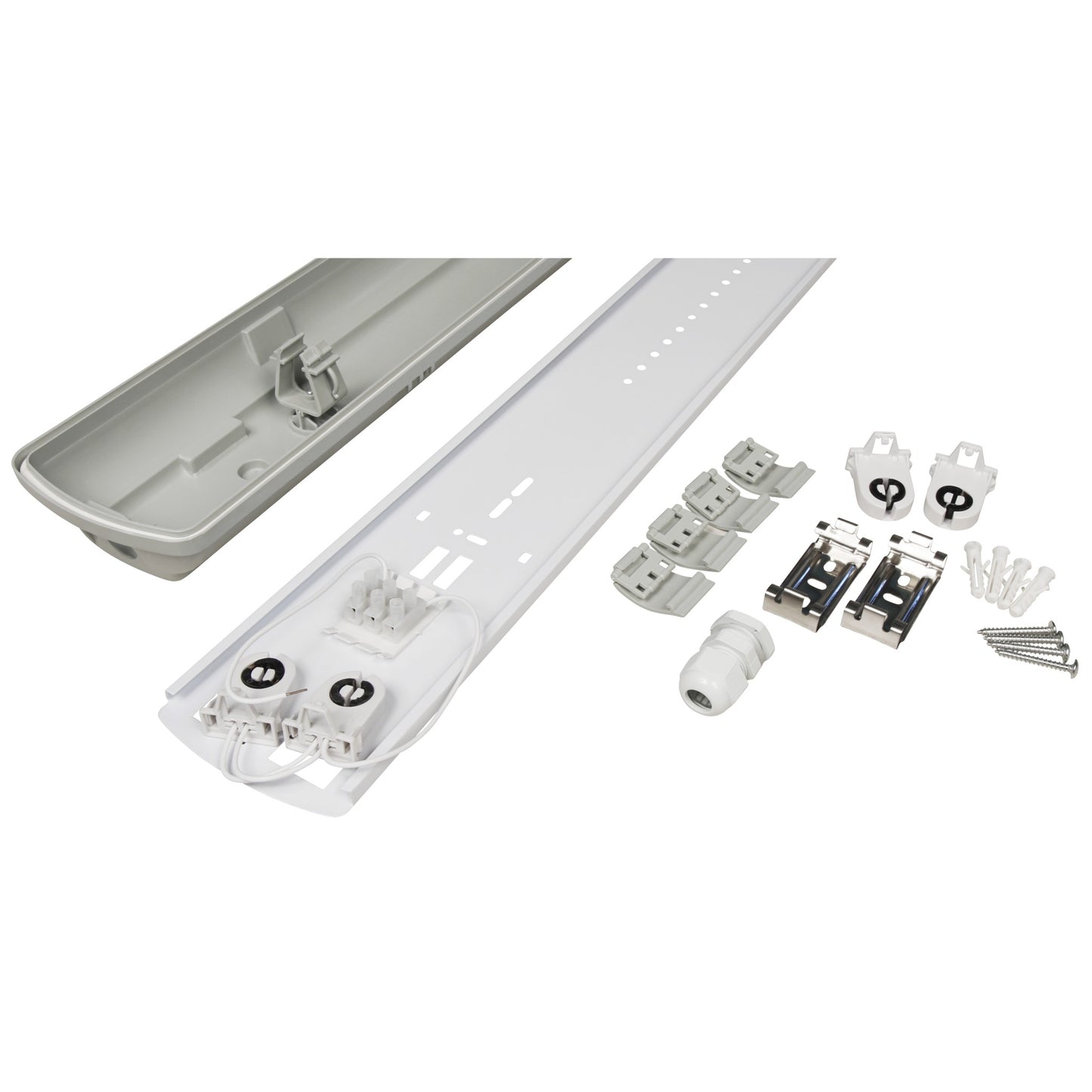 Trano Feuchtraumleuchte 150cm für 2 LED Röhren T8, IP65 Staub- & Strahlwasserschutz, Kellerlampe Werkstatt Garage Lagerhalle, robustes Kunststoffgehäuse, 230V, inkl. Montagematerial