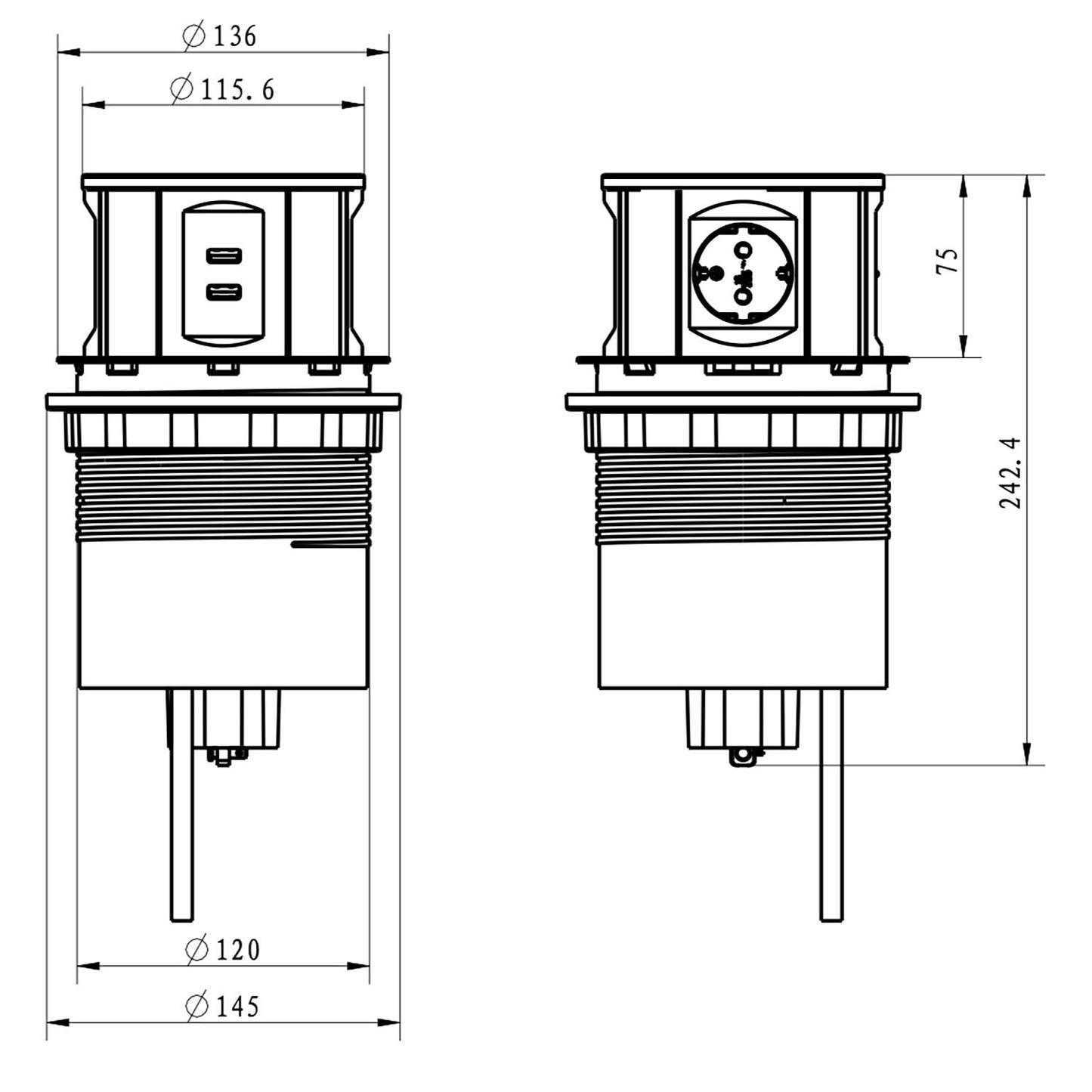 Tischsteckdose 3-fach mit USB rund Küche Büro Pop-Up-Einbausteckdose versenkbar