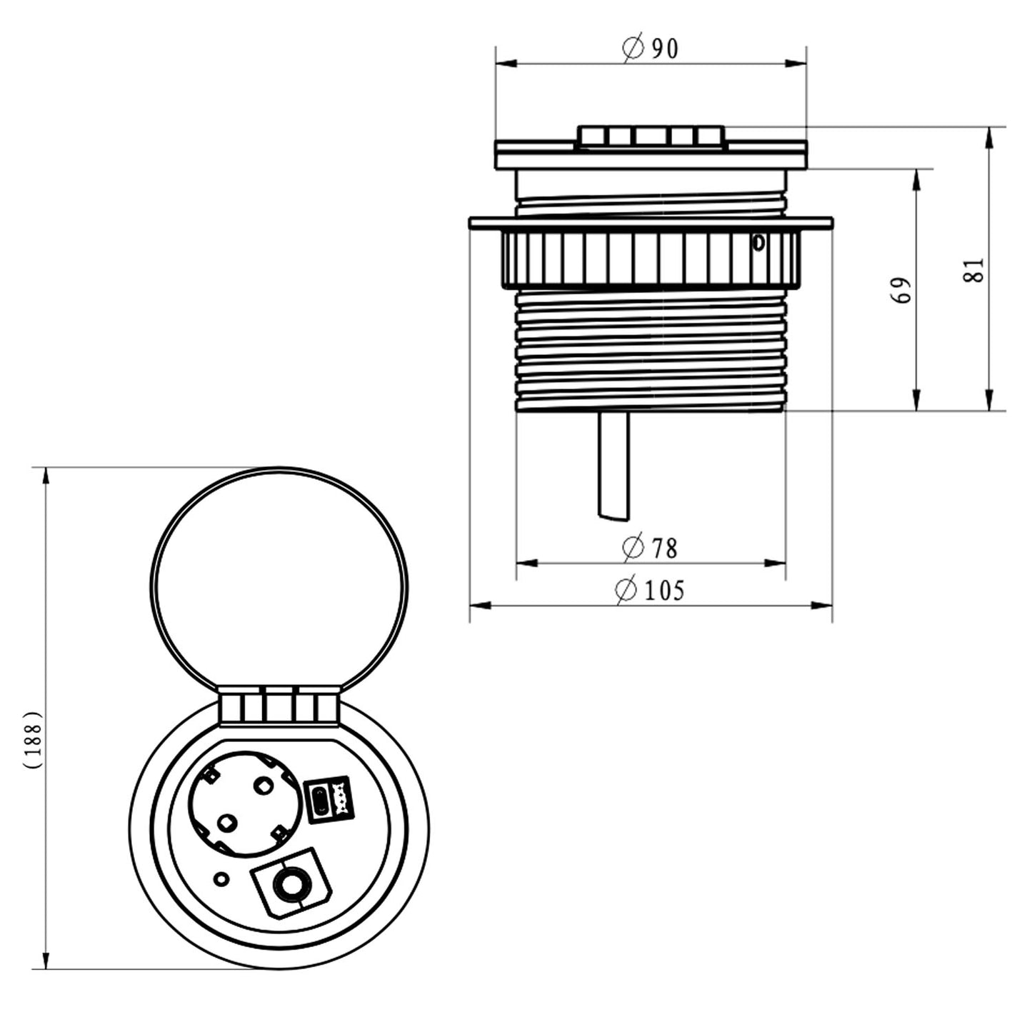 Tischsteckdose mit 1 Schuko 2 USB und Induktionsladen Pop-Up versenkbar Büro