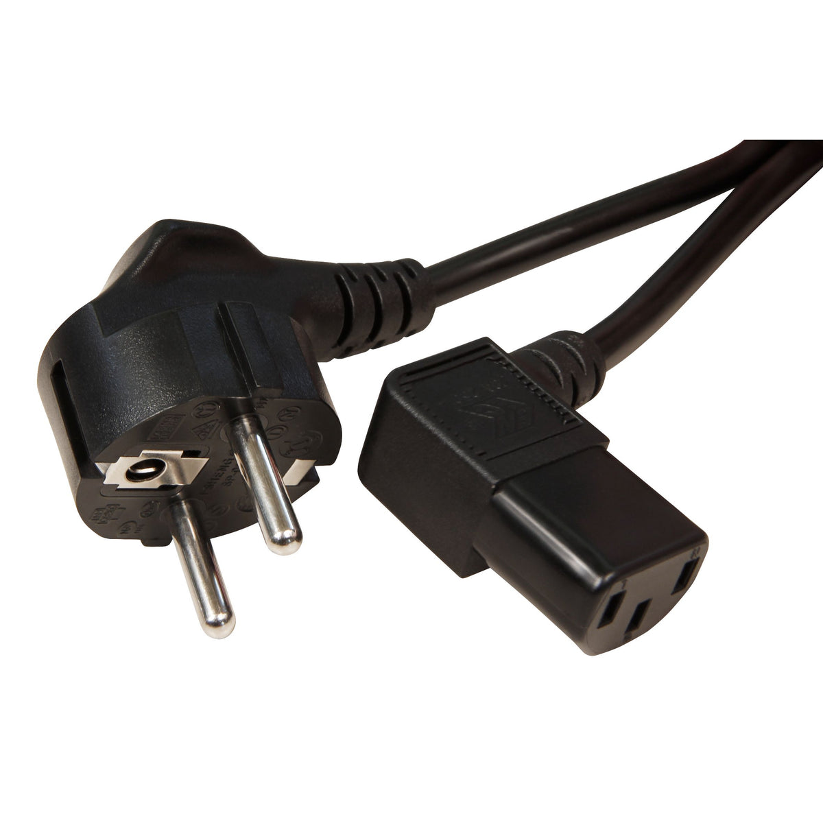 Kaltgeräte Anschlusskabel in Schwarz, 3 Varianten, abgewinkelter Schutzkontaktstecker, 250V Betriebsspannung, 10A max. Strombelastbarkeit