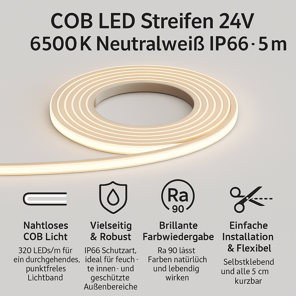LED Streifen 320 COB 24V 6500K 8W IP66 – 5m Rolle, Nahtloses Licht