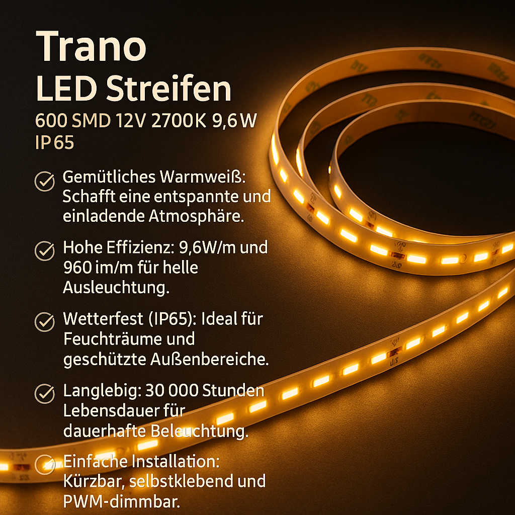 LED Streifen 600 SMD 12V 2700K 9,6W IP65 – Warmweißes Licht für stilvolle Akzente