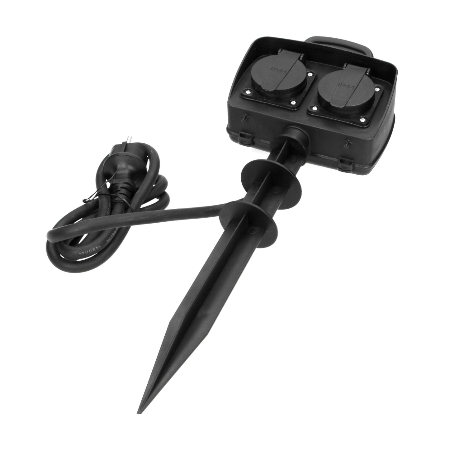 Robuste Gartensteckdose 2x2P+E, 2300W, IP44, 1,5m Kabel , Schwarz