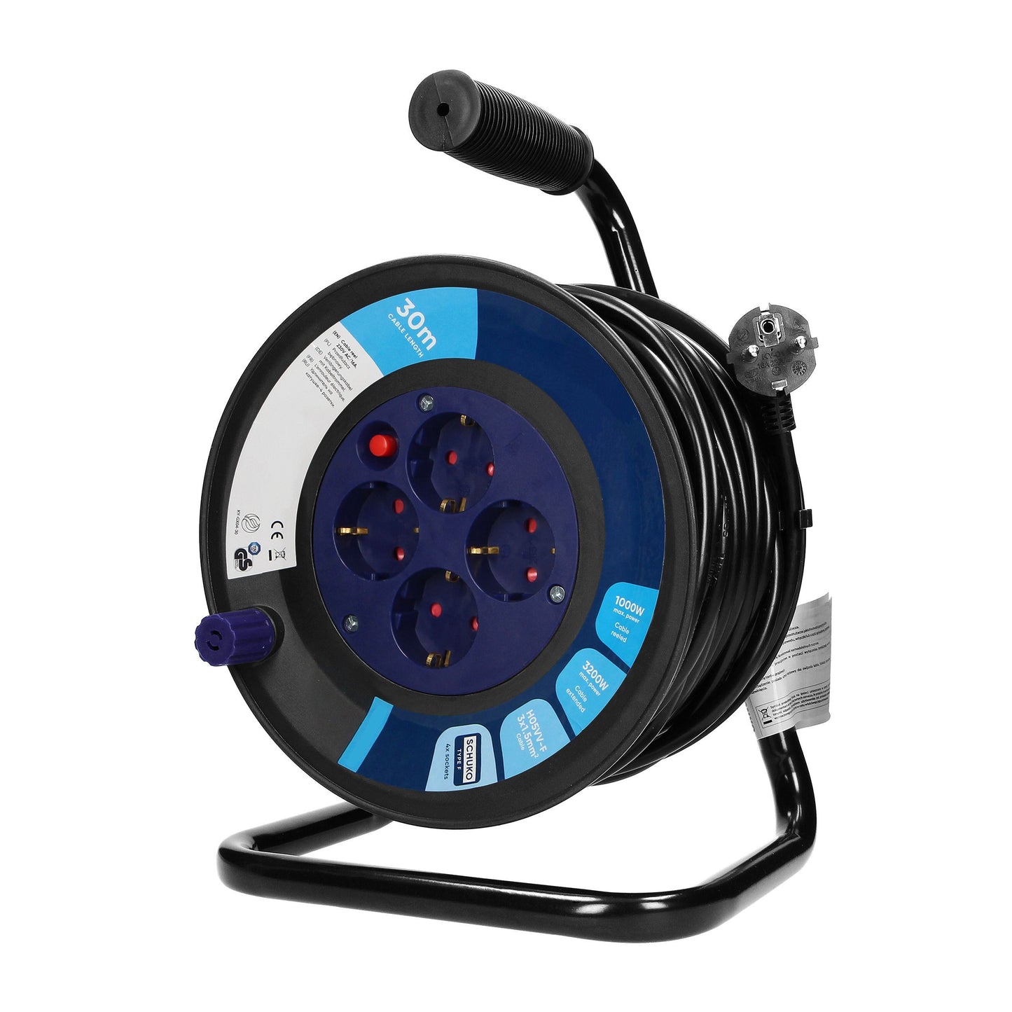 Robuste Kabeltrommel Schuko 4-fach H05VV-F 3x1.5mm² mit Überlastschutz – 15m, 30m, 50m