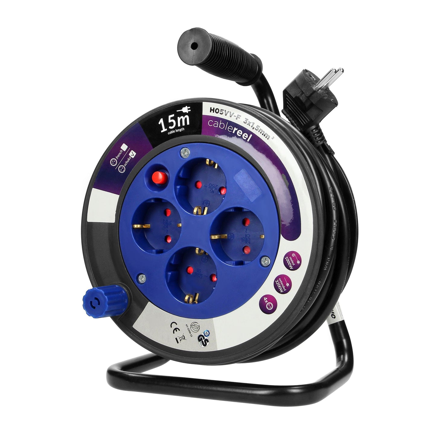 Robuste Kabeltrommel Schuko 4-fach H05VV-F 3x1.5mm² mit Überlastschutz – 15m, 30m, 50m