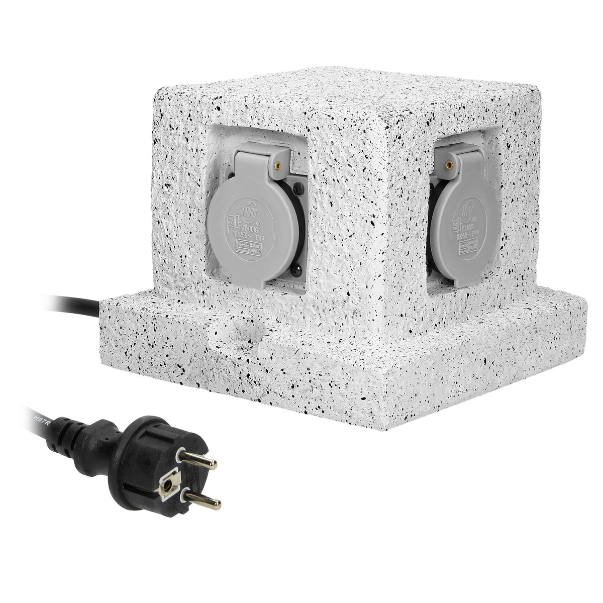 Trano Gartensteckdose Steinoptik 4-fach IP44 wasserdicht, 3m H07RN-F Kabel, 3680W/16A, Schuko Typ F, grau