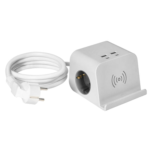 Trano Tischsteckdose mit USB & Induktiv-Ladefunktion, 2x Schuko, 4x USB-A/C, 3680W, 1,4m Kabel, Schraubklemme, Weiß, IP20, 230V