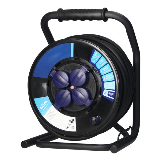 Trano Kabeltrommel 40m H07RN-F 3x2,5mm² IP44 | 4x Schuko Steckdosen mit Kinderschutz | 3200W | Gummi Kabel | Anti-Twist | Thermoschutz