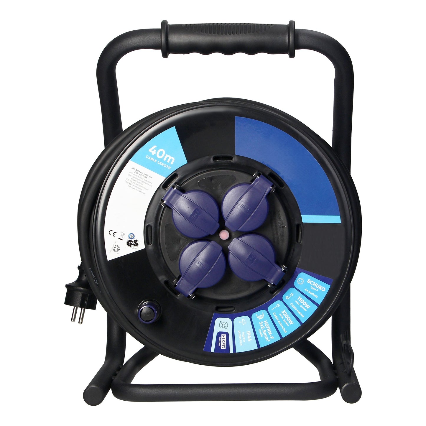 Trano Kabeltrommel 40m H07RN-F 3x2,5mm² IP44 | 4x Schuko Steckdosen mit Kinderschutz | 3200W | Gummi Kabel | Anti-Twist | Thermoschutz