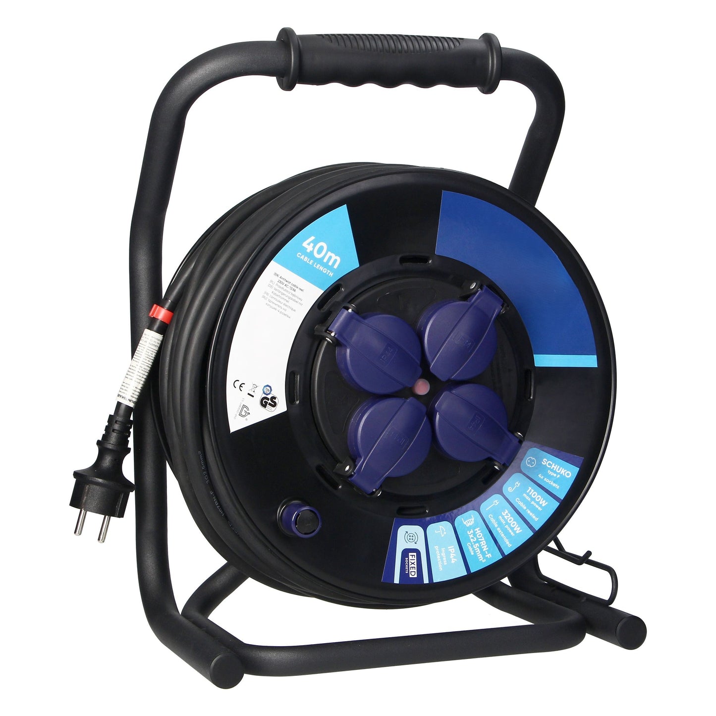 Trano Kabeltrommel 40m H07RN-F 3x2,5mm² IP44 | 4x Schuko Steckdosen mit Kinderschutz | 3200W | Gummi Kabel | Anti-Twist | Thermoschutz