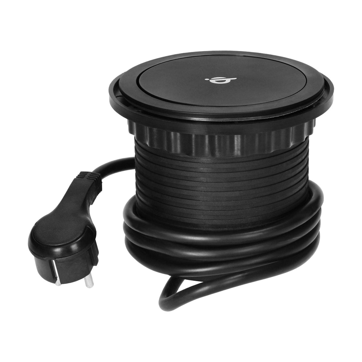 Trano Versenkbare Tischsteckdose Ø10cm mit 3x Schuko, USB-A+C QC 3.0, Qi Induktiv 10W, 1,5m Kabel, IP20, Schwarz