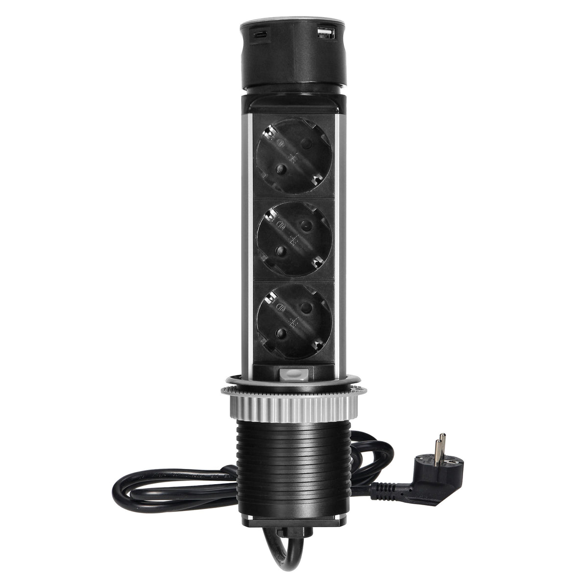 Trano Möbelsteckdose Versenkbar Ø60mm, 3x Schuko Typ F, 2x USB (A+C), 3680W, Edelstahl,1,5m Kabel, IP20, ausziehbar