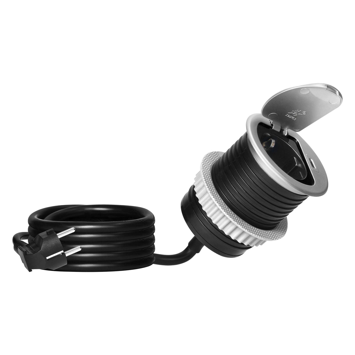 Trano Einbau Steckdose Ø6cm mit Abdeckung, 1x Schuko 3680W + USB-C PD 20W, 1,9m Kabel, Silber/Schwarz, IP20
