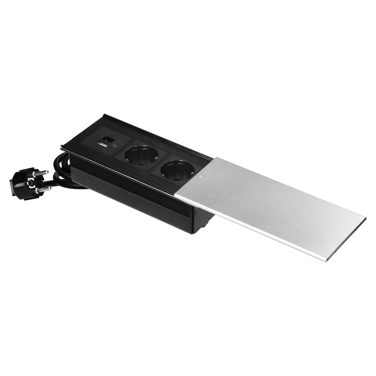 Trano Einbausteckdose mit Schiebedeckel, 2x Schuko 3680W, 2x USB-A+C 5V/4,2A, 1,8m Kabel, Aluminium Silber, 190x86mm