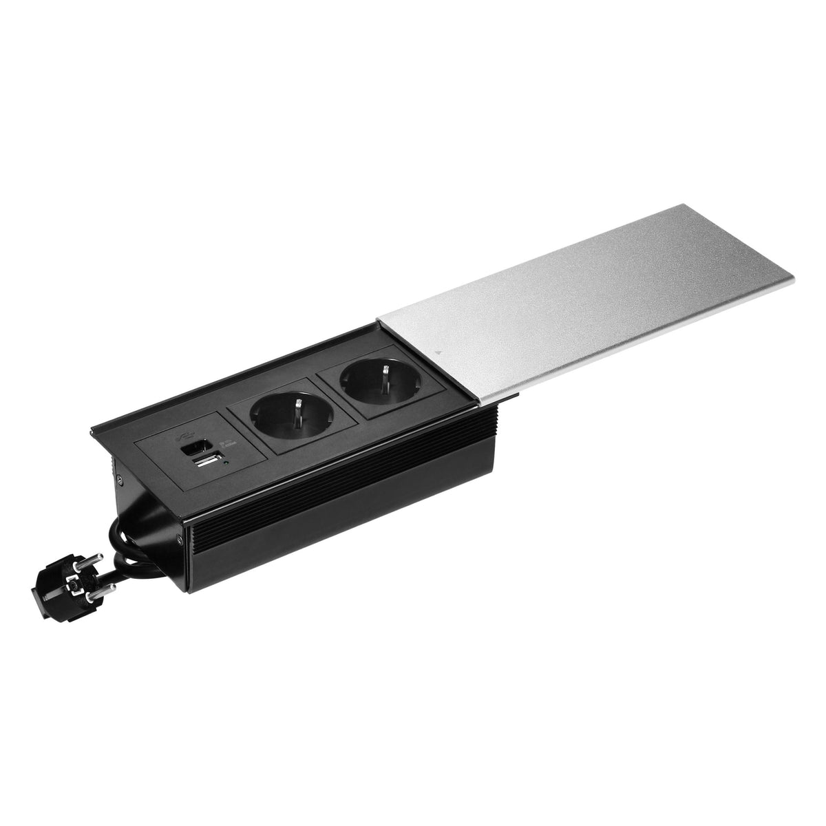 Trano Einbausteckdose mit Schiebedeckel, 2x Schuko 3680W, 2x USB-A+C 5V/4,2A, 1,8m Kabel, Aluminium Silber, 190x86mm