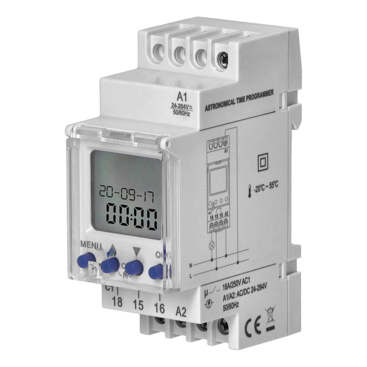 Trano DIN-Schienen-Zeitschaltuhr digital, 100 Programme, 16A/230V, 24–264V AC/DC, astronomisch, 3 Sprachen, 2 Module, IP20