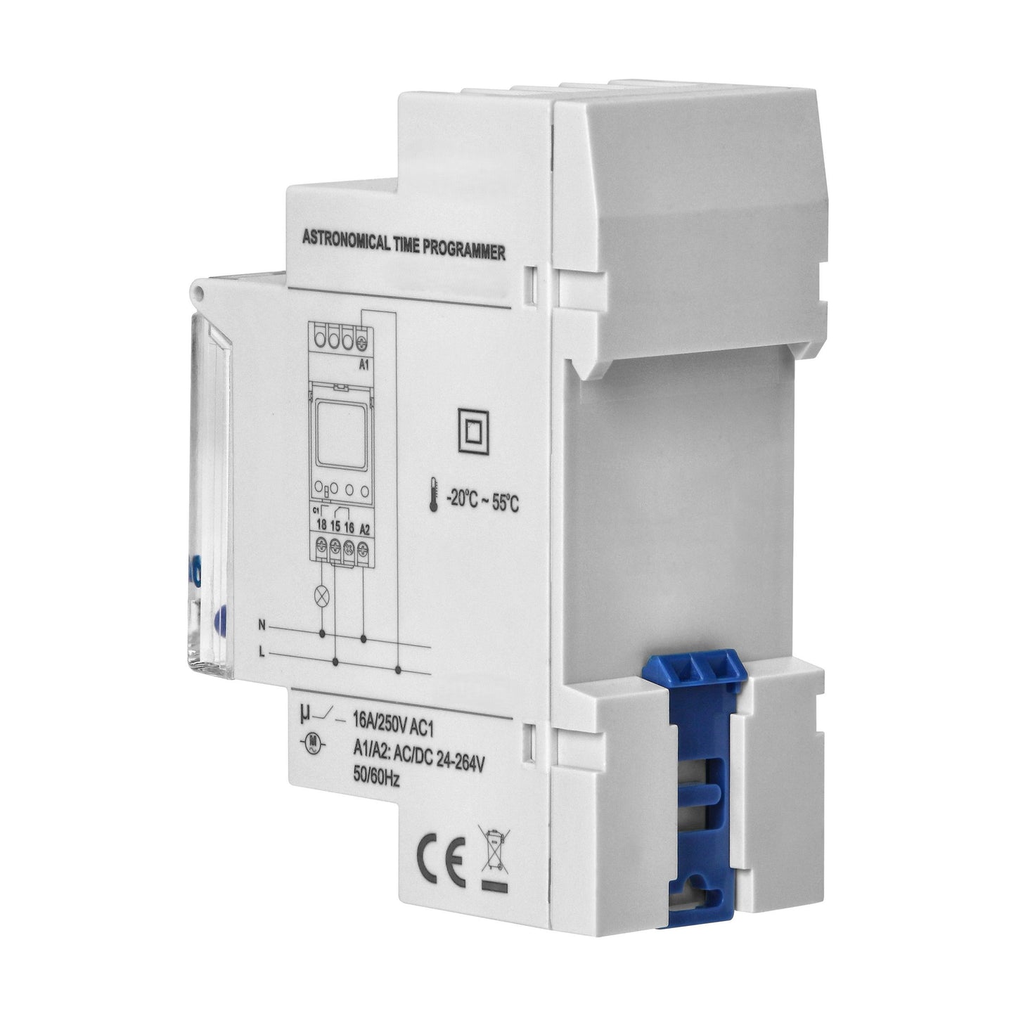 Trano DIN-Schienen-Zeitschaltuhr digital, 100 Programme, 16A/230V, 24–264V AC/DC, astronomisch, 3 Sprachen, 2 Module, IP20